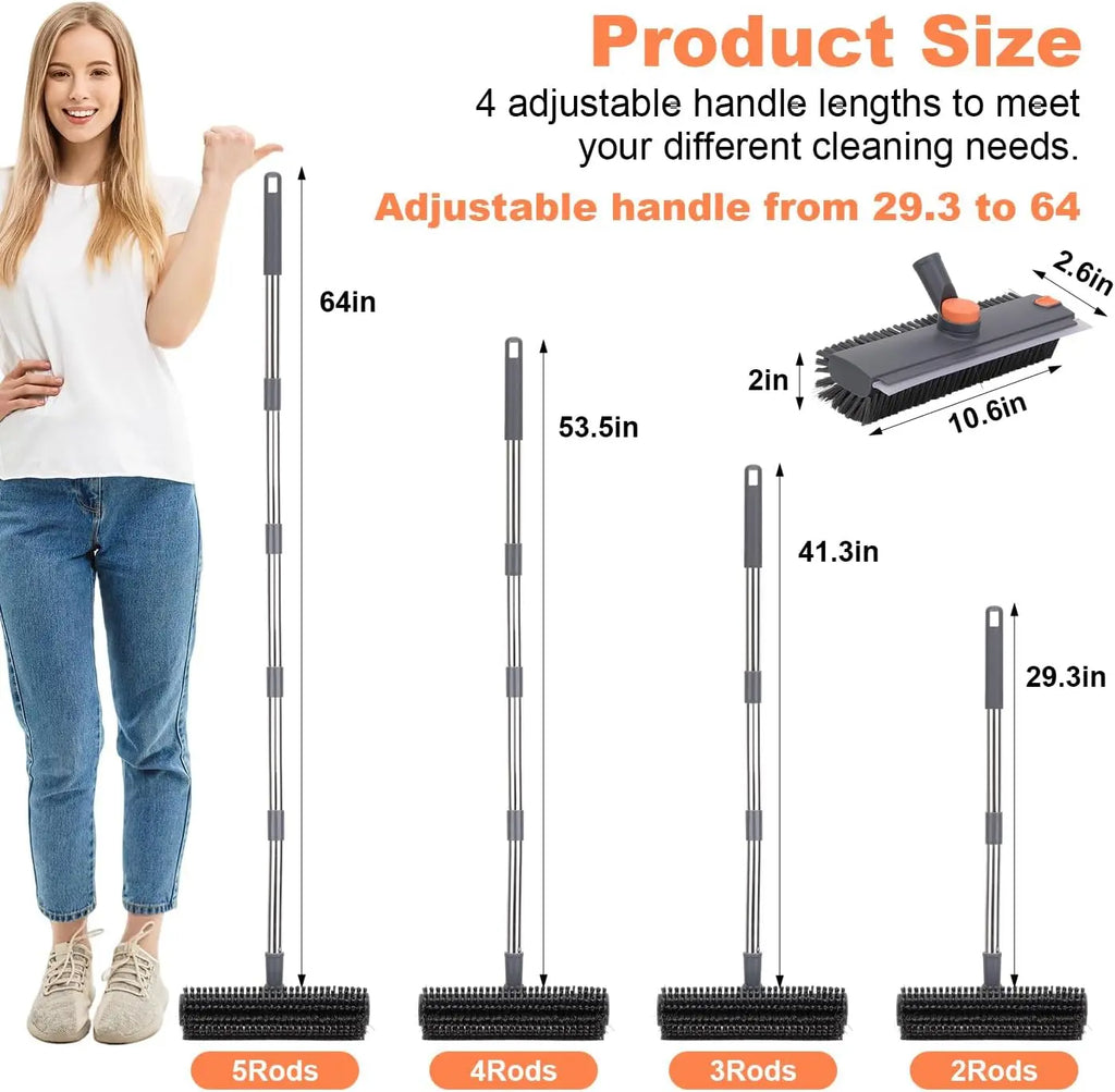 Floor Scrub Brush with Long Handle, 360° Rotating 3 in 1 Heavy Duty Floor Scrubber with Stiff Bristles, Squeegee & Tweezer, Deep Cleaning Push Broom for Bathroom, Shower, Tile, Grout, Patio, Deck, Garage, Kitchen Floor Cleaning Tool