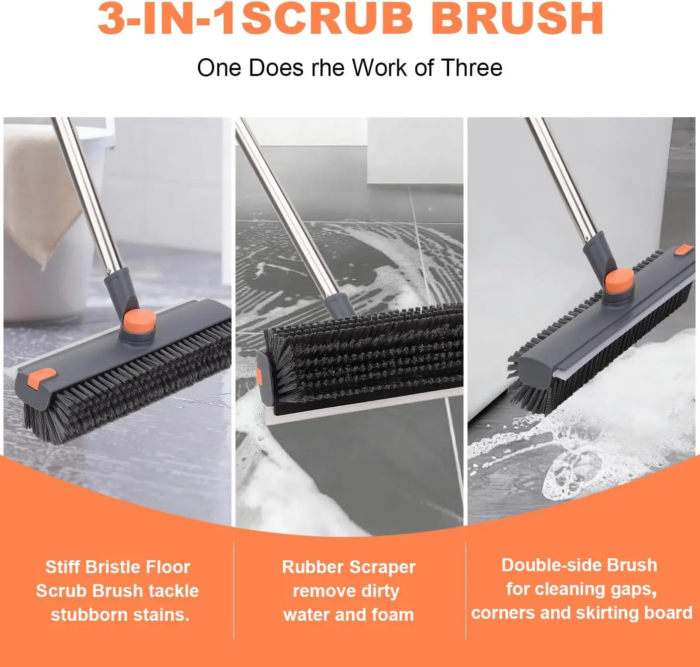 Floor Scrub Brush with Long Handle, 360° Rotating 3 in 1 Heavy Duty Floor Scrubber with Stiff Bristles, Squeegee & Tweezer, Deep Cleaning Push Broom for Bathroom, Shower, Tile, Grout, Patio, Deck, Garage, Kitchen Floor Cleaning Tool