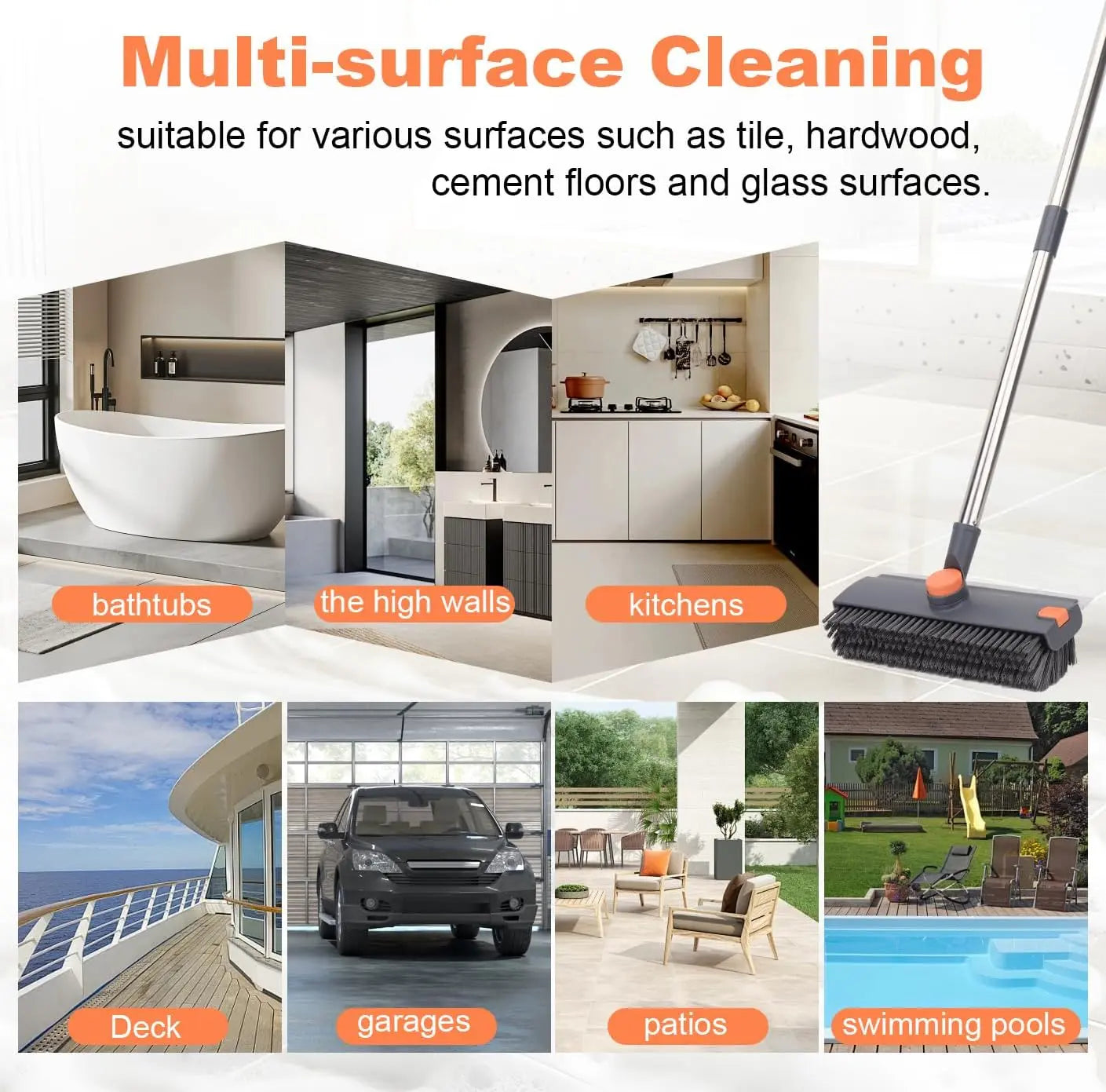 Floor Scrub Brush with Long Handle, 360° Rotating 3 in 1 Heavy Duty Floor Scrubber with Stiff Bristles, Squeegee & Tweezer, Deep Cleaning Push Broom for Bathroom, Shower, Tile, Grout, Patio, Deck, Garage, Kitchen Floor Cleaning Tool