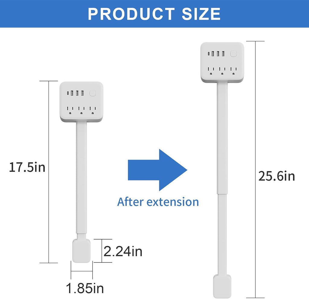 Electrical Outlet Extender Stick, 18"-28" Extendable Power Strip with 180° Rotating Plug, 2 USB-A, 1 USB-C, 3 AC Outlets, Wall Plug Extender for behind Couch, Sofa, Nightstand