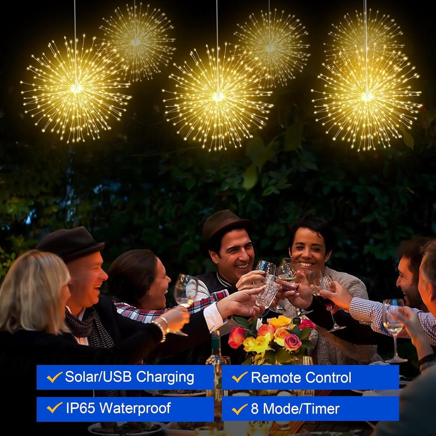 Solar Christmas Firework Lights Outdoor, 5 Pack 1000LED Solar Starburst Lights with Remote, 8 Modes Dimmable Waterproof Hanging Fairy Lights for Garden, Patio, Holiday Christmas Decor (Warm White)