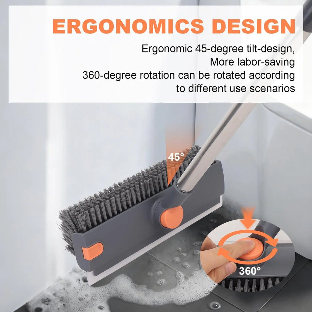 Floor Scrub Brush with Long Handle, 360° Rotating 3 in 1 Heavy Duty Floor Scrubber with Stiff Bristles, Squeegee & Tweezer, Deep Cleaning Push Broom for Bathroom, Shower, Tile, Grout, Patio, Deck, Garage, Kitchen Floor Cleaning Tool