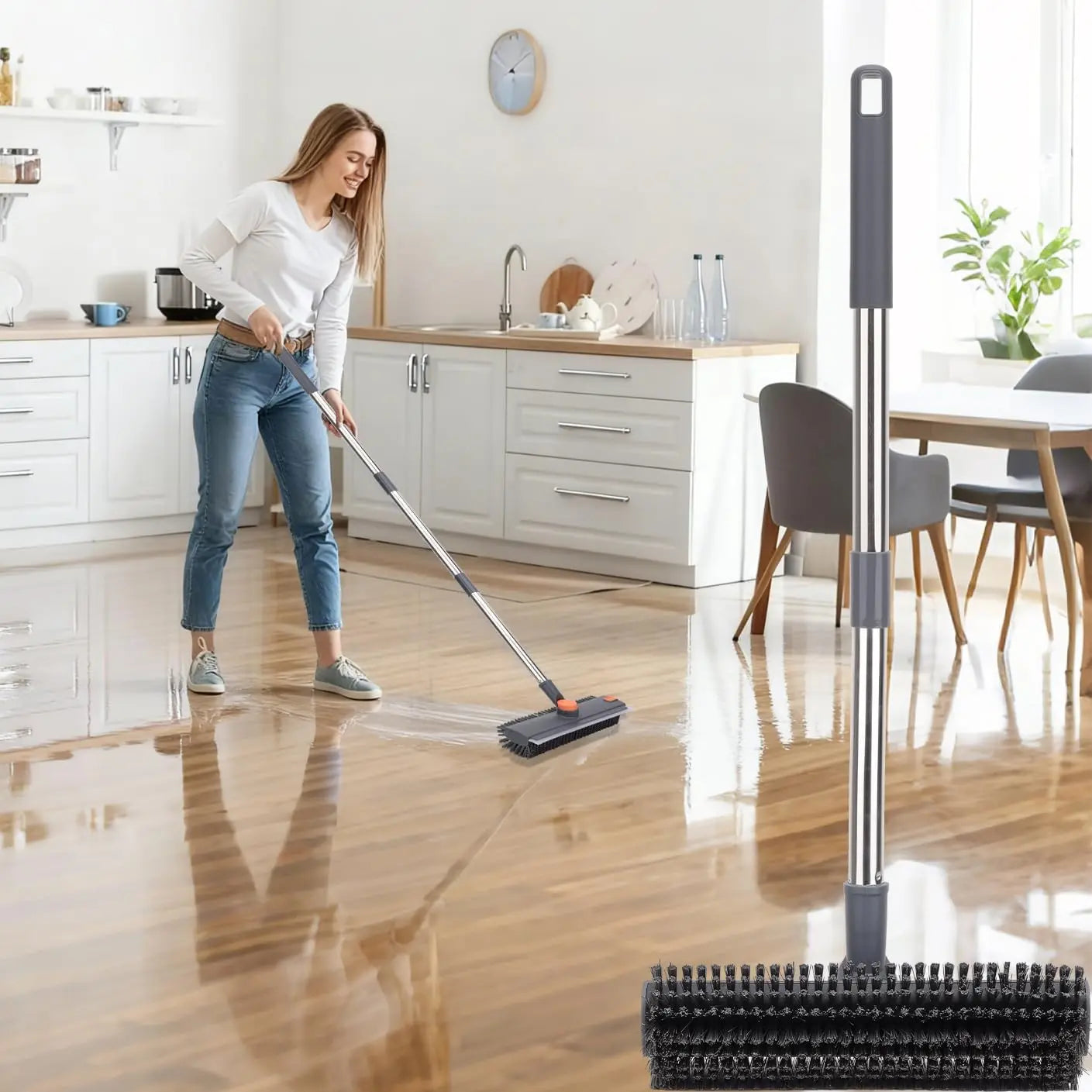 Floor Scrub Brush with Long Handle, 360° Rotating 3 in 1 Heavy Duty Floor Scrubber with Stiff Bristles, Squeegee & Tweezer, Deep Cleaning Push Broom for Bathroom, Shower, Tile, Grout, Patio, Deck, Garage, Kitchen Floor Cleaning Tool