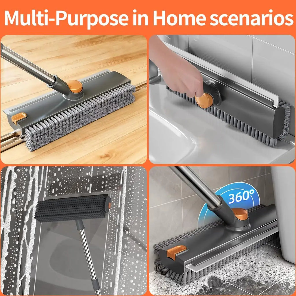 Floor Scrub Brush with Long Handle, 360° Rotating 3 in 1 Heavy Duty Floor Scrubber with Stiff Bristles, Squeegee & Tweezer, Deep Cleaning Push Broom for Bathroom, Shower, Tile, Grout, Patio, Deck, Garage, Kitchen Floor Cleaning Tool