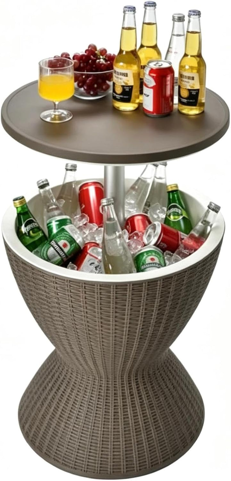 Outdoor Cool Bar Table, Rattan Style Patio 8 Gallon Beer and Wine Cooler, All-Weather Ice Bucket W/Height Adjustable Top, Drainage Plug, 3-In-1 Cocktail Coffee Table for Party, Pool (Coffee)