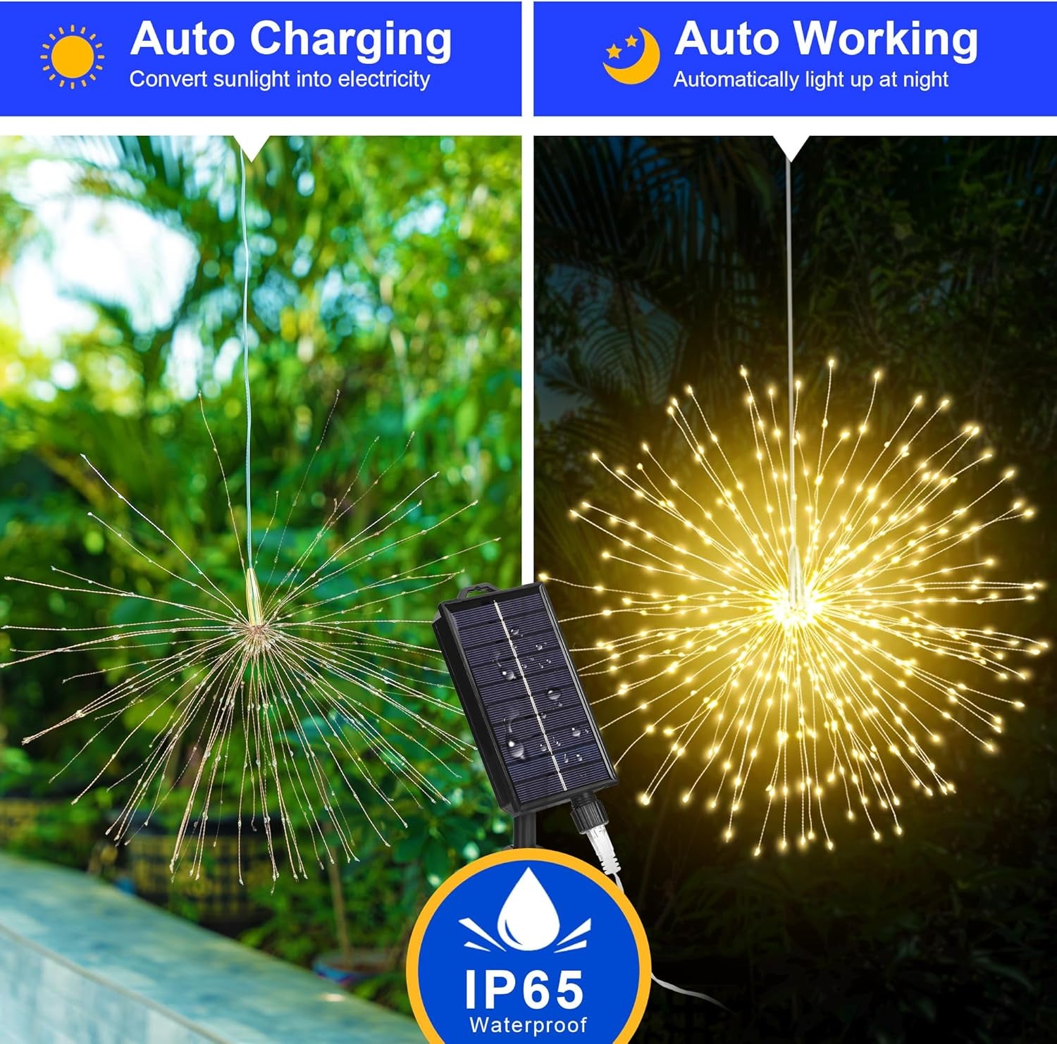 Solar Christmas Firework Lights Outdoor, 5 Pack 1000LED Solar Starburst Lights with Remote, 8 Modes Dimmable Waterproof Hanging Fairy Lights for Garden, Patio, Holiday Christmas Decor (Warm White)