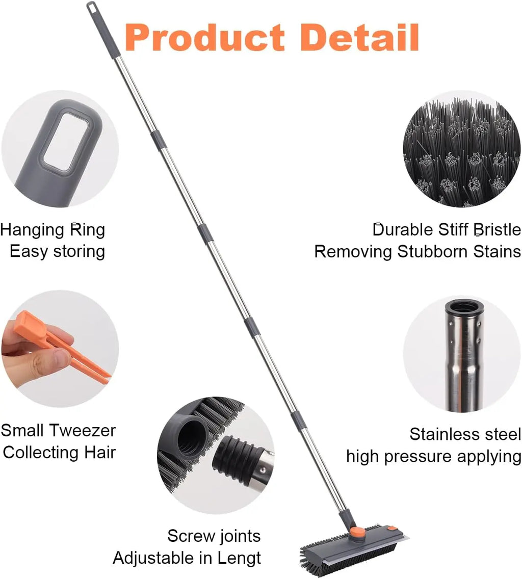 Floor Scrub Brush with Long Handle, 360° Rotating 3 in 1 Heavy Duty Floor Scrubber with Stiff Bristles, Squeegee & Tweezer, Deep Cleaning Push Broom for Bathroom, Shower, Tile, Grout, Patio, Deck, Garage, Kitchen Floor Cleaning Tool